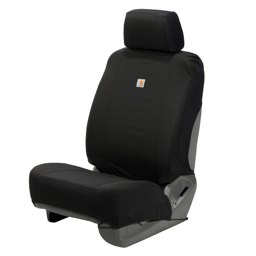 Black nylon duck bucket seat cover with logo patch designed for durable protection in tools and home improvement use