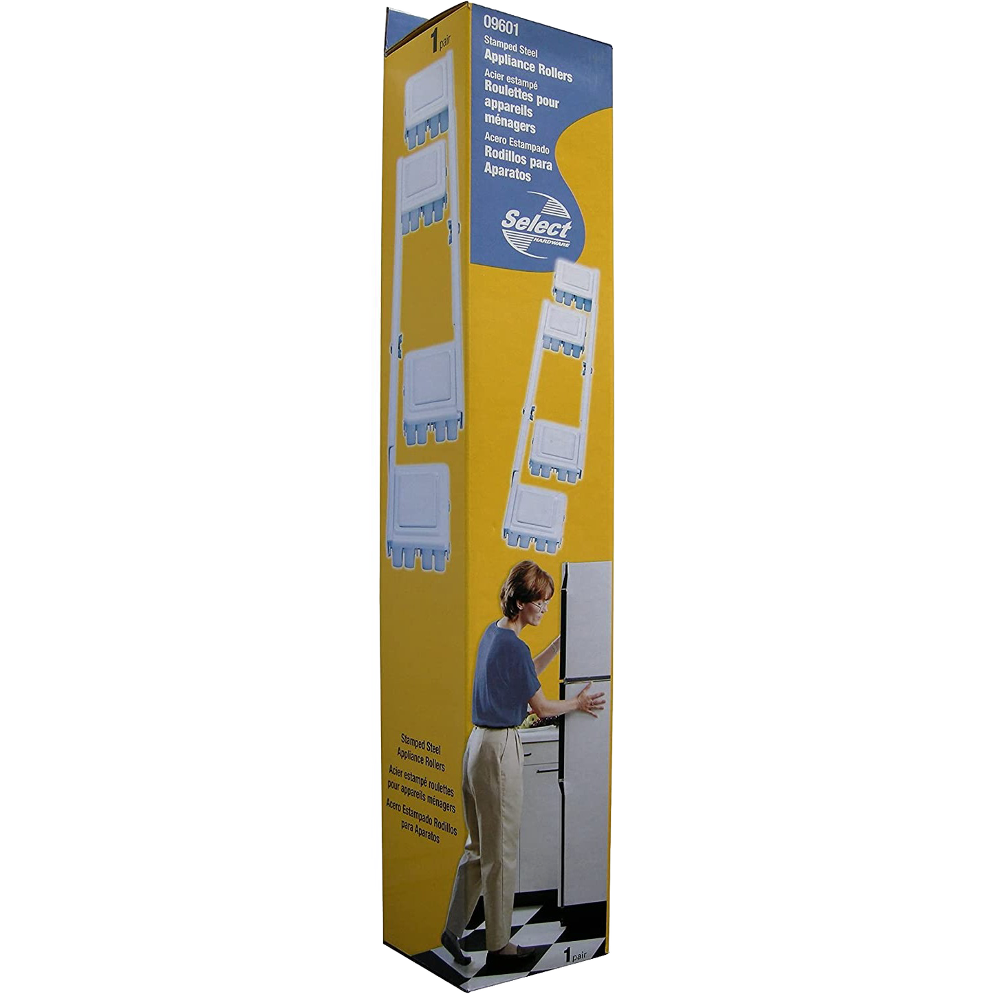 Yellow packaging for stamped steel appliance rollers shown in Hardware and Furniture Accessories collections for Home Improvement.