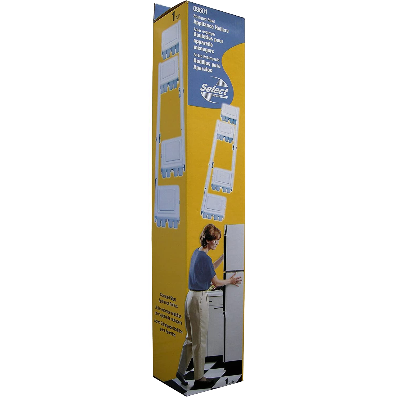 Yellow packaging for stamped steel appliance rollers shown in Hardware and Furniture Accessories collections for Home Improvement.
