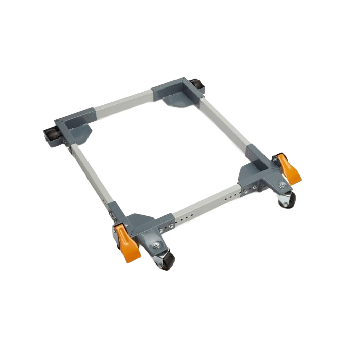 Adjustable steel mobile base with heavy-duty casters for woodworking tools and workshop organization tasks.