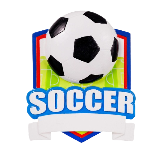 Soccer-themed shield ornament with black and white ball and green field backdrop from Christmas Ornaments collection