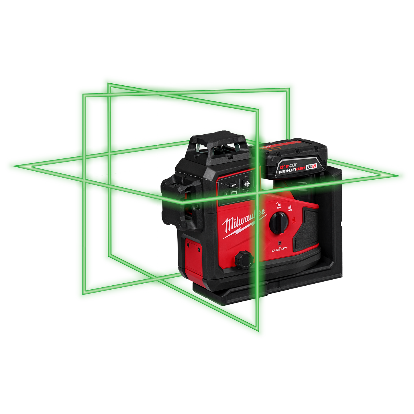 Red and black Milwaukee green 360-degree 3-plane laser level projecting bright lines for tools and home improvement projects