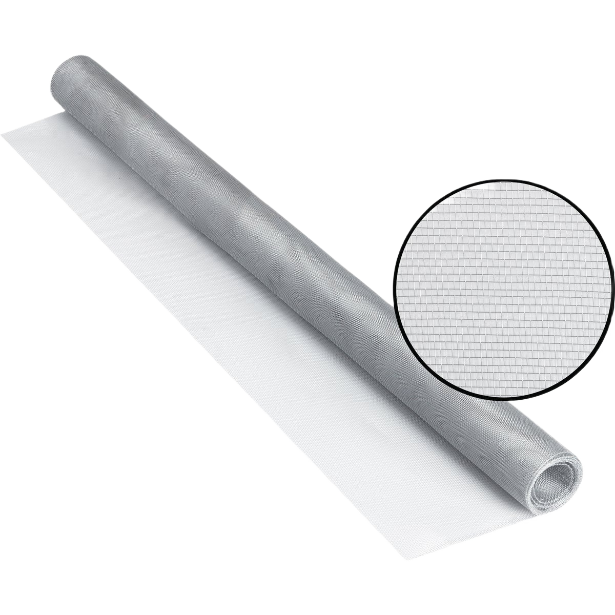 Roll of bright aluminum window screen mesh with close-up detail, suited for home improvement and tools applications