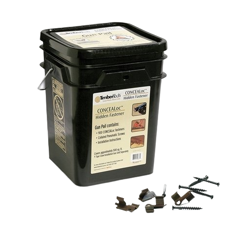 Black plastic pail labeled for hidden fasteners with screws and fastener clips for tools and home improvement use