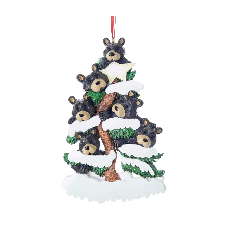 Personalized ornament featuring six black bears climbing a snow-dusted pine tree with a star topper for holiday decor