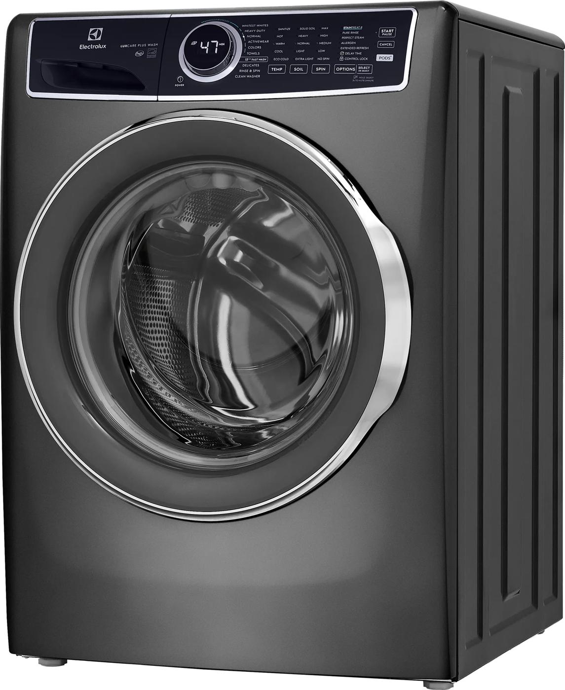 Dark gray front load washer with digital display and circular door in modern front load washers collection