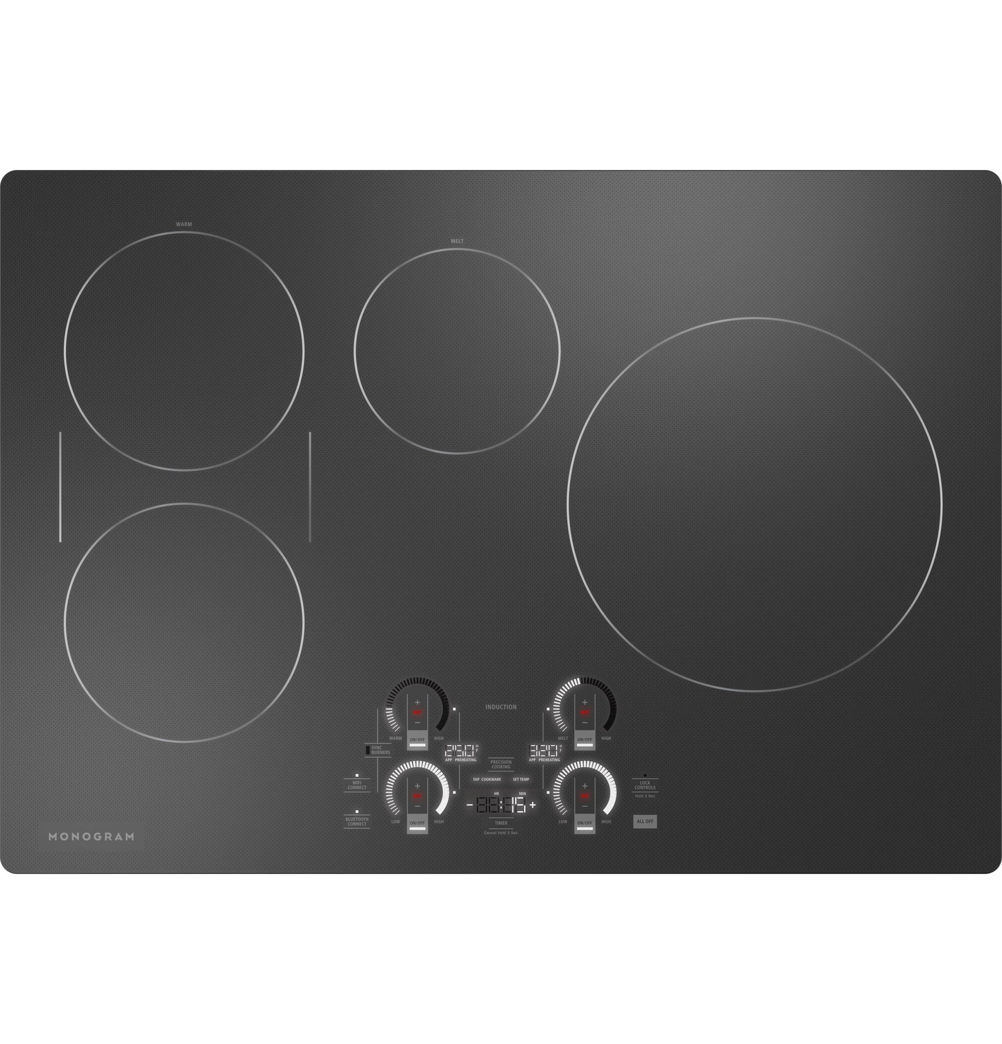 Black glass 30-inch induction cooktop with four heating zones and digital touch controls in kitchen appliances collection