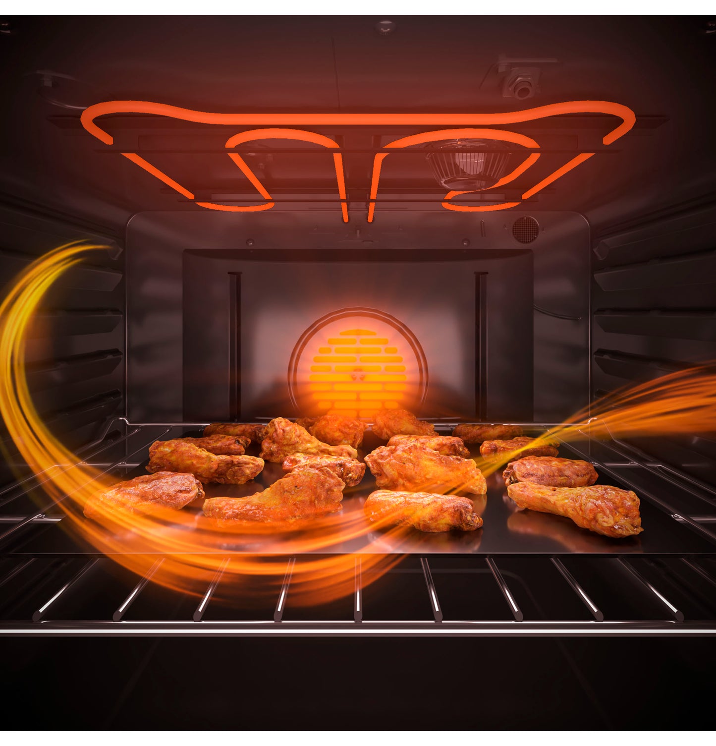 Inside view of electric convection oven cooking chicken wings with heat circulation and glowing elements from kitchen appliances collection