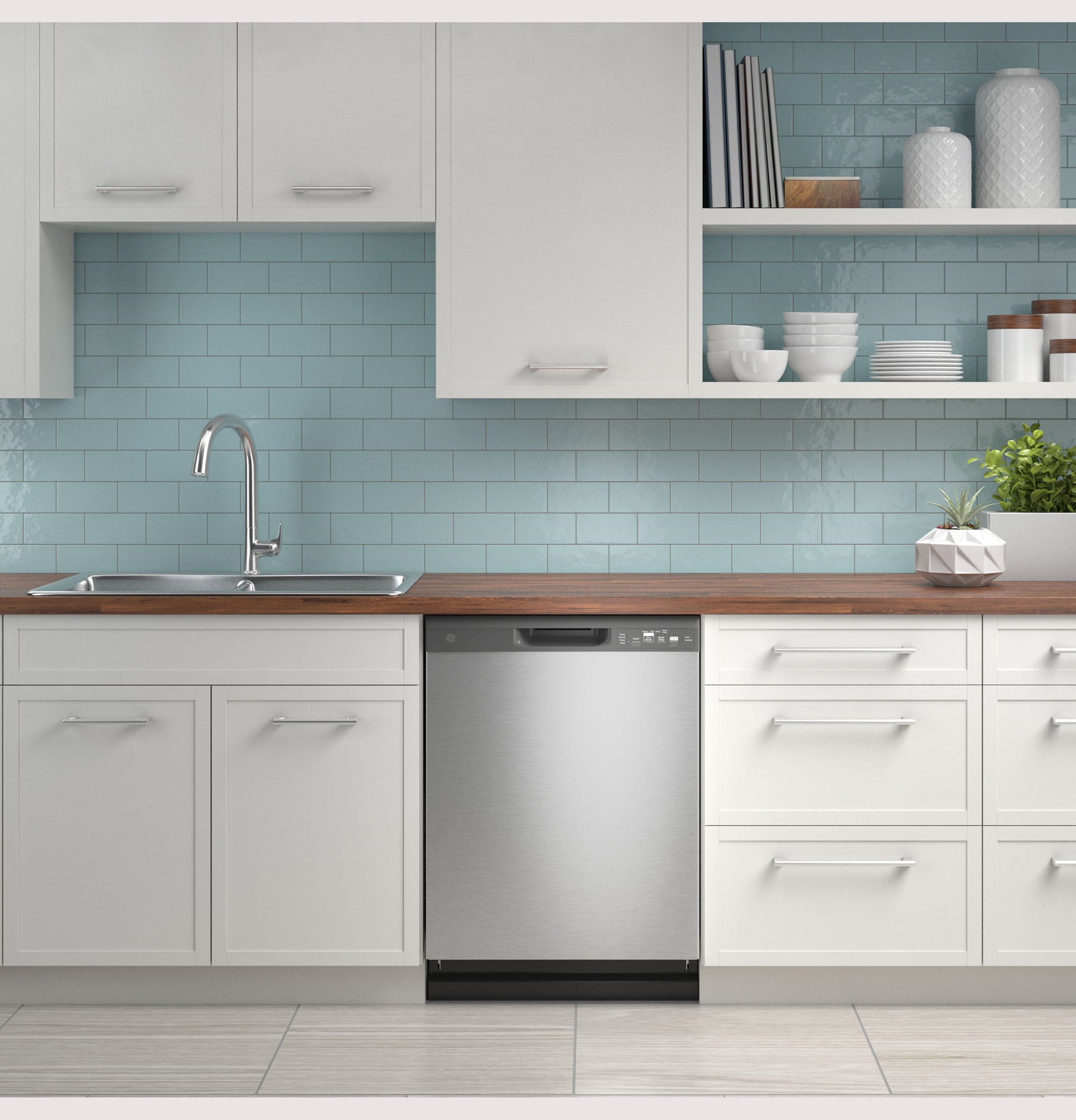 Built-in stainless steel dishwasher with front controls integrated into modern kitchen with blue tile backsplash