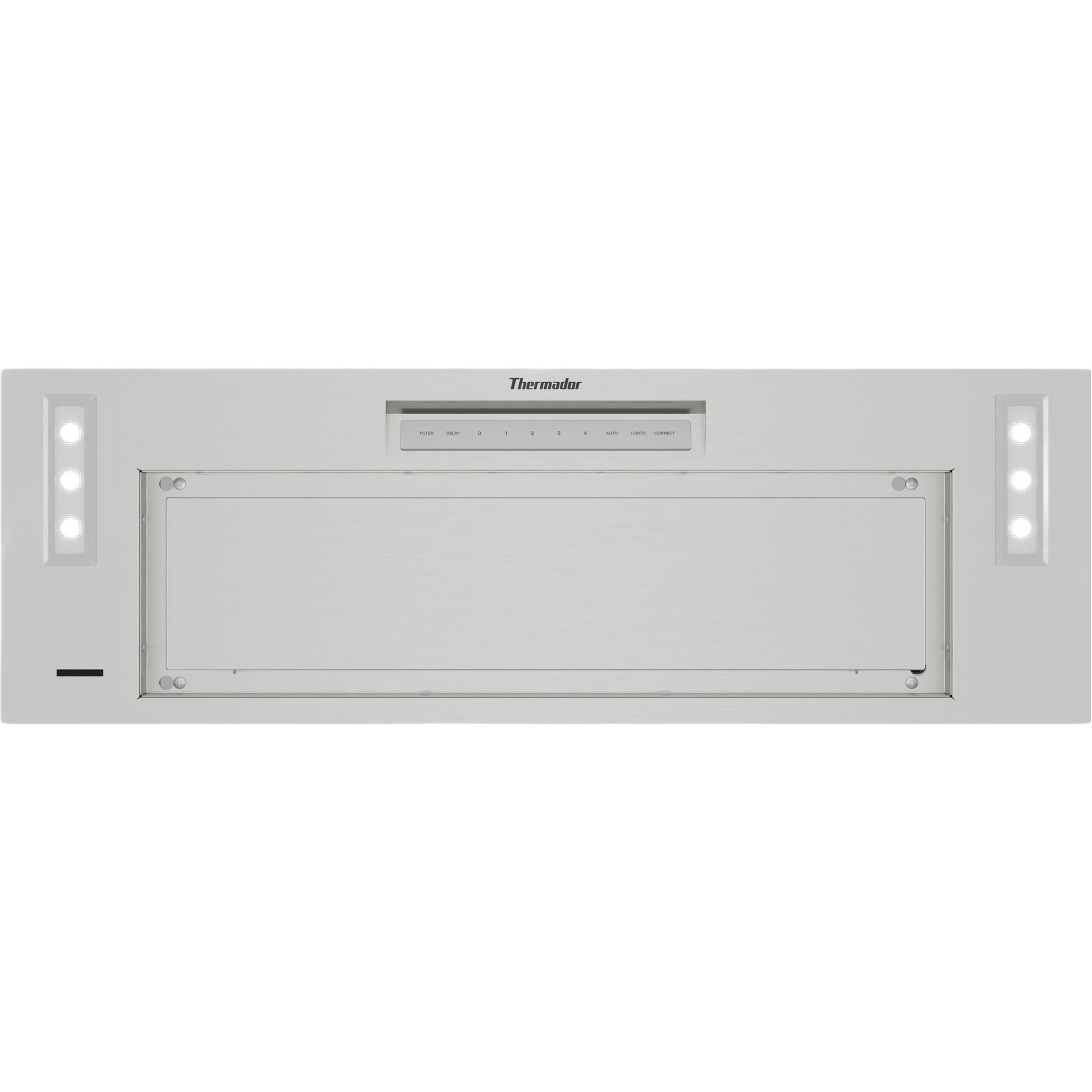 Stainless steel custom insert hood with integrated lighting and digital controls in Thermador range hood collection