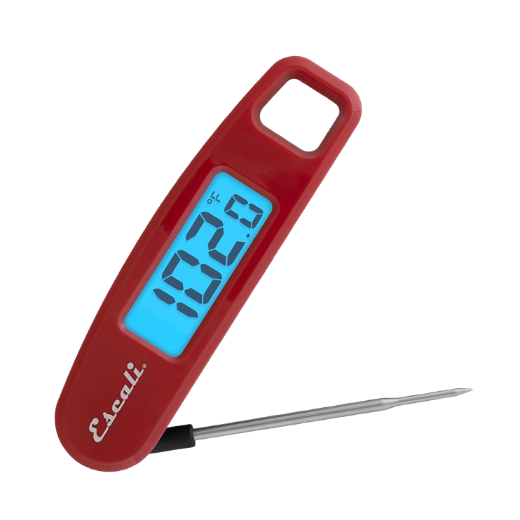 Compact red digital thermometer with folding probe and blue-lit display for kitchen gadgets and cookware under $50 collections