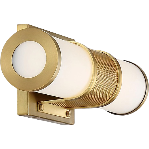 Brushed brass LED vanity light with frosted acrylic lens for bathroom wall lighting and home improvement collections