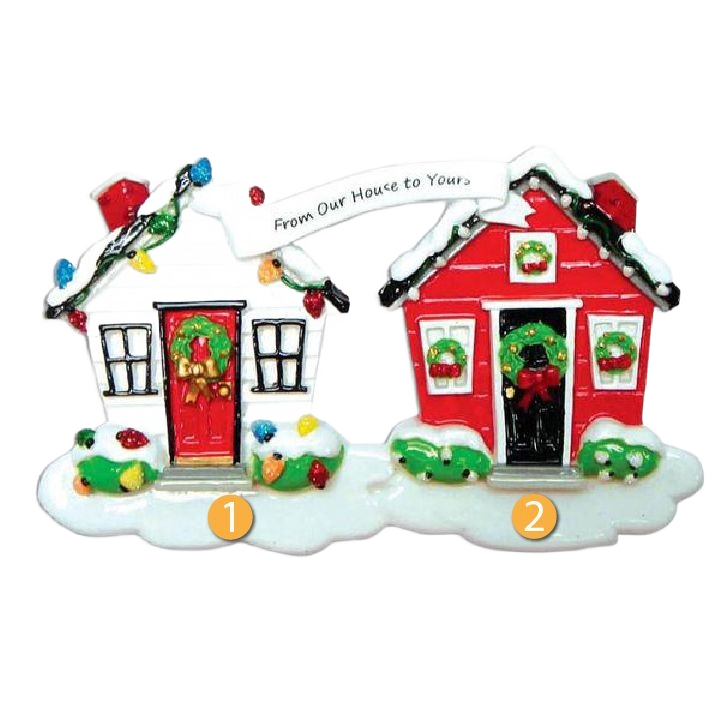 Festive pair of red and white holiday house ornaments with wreaths and snow for Christmas décor under $50 collection
