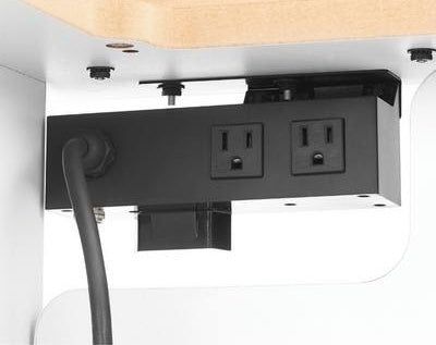 Under-table electrical outlet box with dual power sockets and attached cord for woodworking tool accessories collection