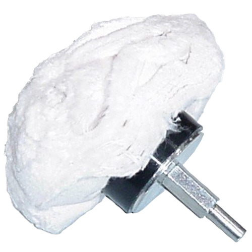 White mushroom-shaped buffing attachment with metal shank for woodworking tool accessories and polishing tasks