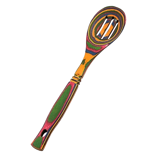 Colorful pakkawood slotted spoon with striped pattern for kitchenware, cooking utensils, and under $50 collections