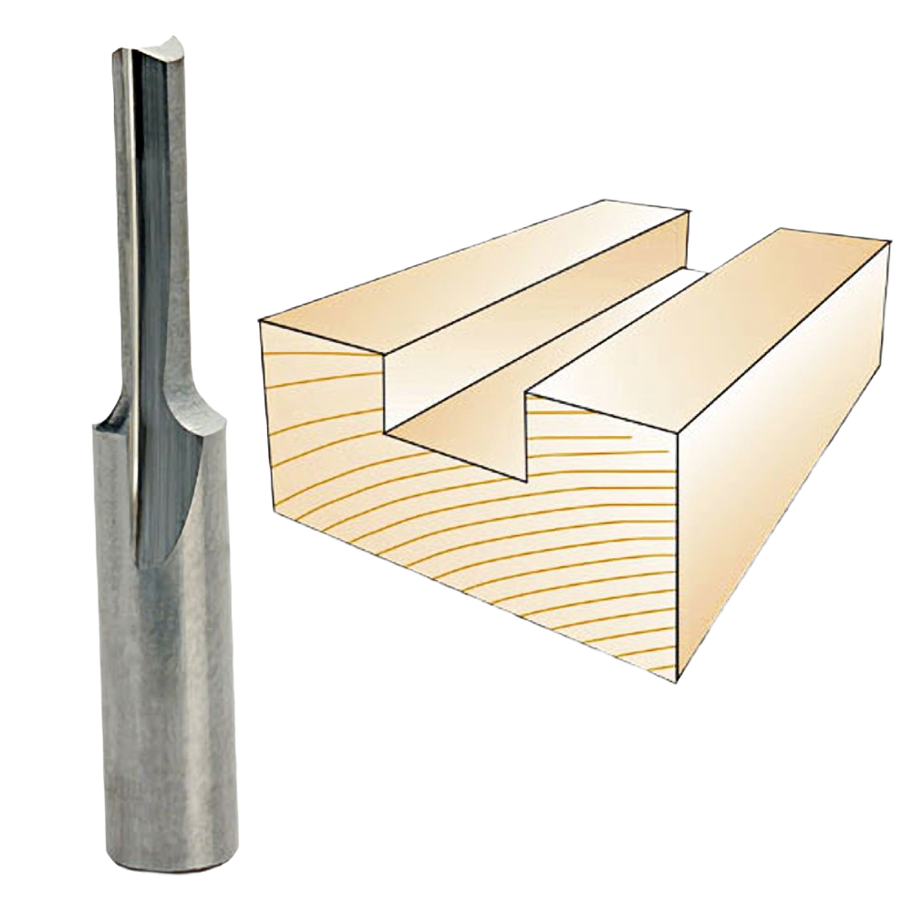 Solid carbide straight router bit next to a wood block with a straight groove cut for woodworking tool accessories.