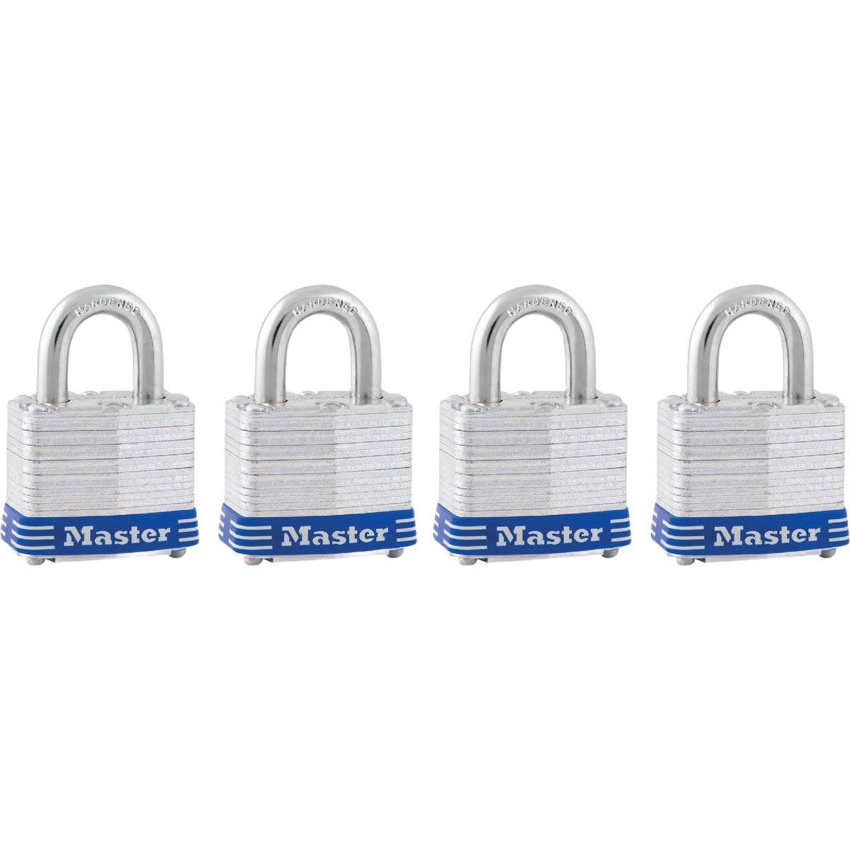 Set of four laminated steel keyed padlocks with hardened shackles for security in hardware and fastener collections under $50