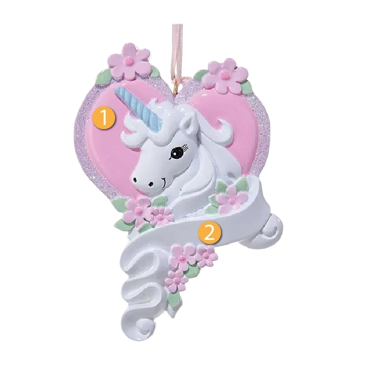White unicorn ornament with blue horn and pink flowers on heart background for Christmas decorations under $50