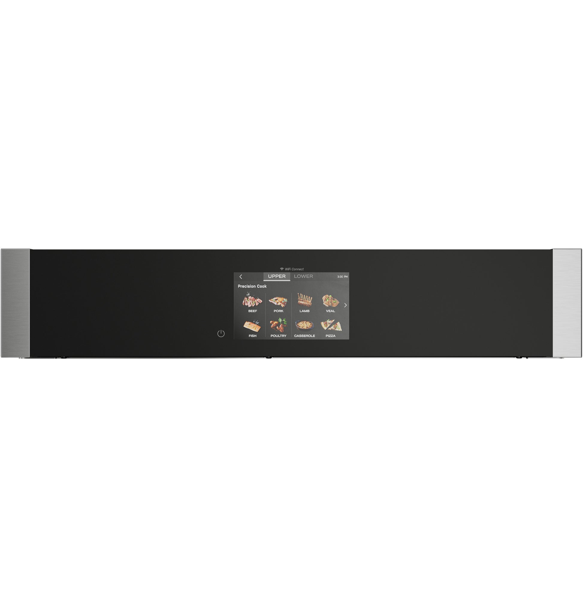 Front view of black kitchen appliance control panel with touchscreen and stainless steel side accents in appliances collection