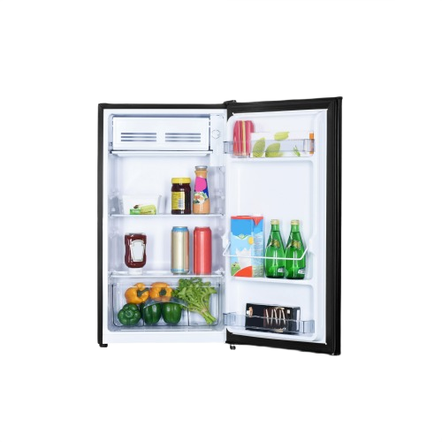 Open compact black refrigerator with adjustable shelves, full width freezer, and stocked with beverages and produce from appliances collection