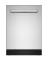 Front view of a stainless steel built-in dishwasher with a top control panel and black base, part of Dishwashers, Built-in Dishwashers, Kitchen & Kitchenware, All Products, and Appliances collections.