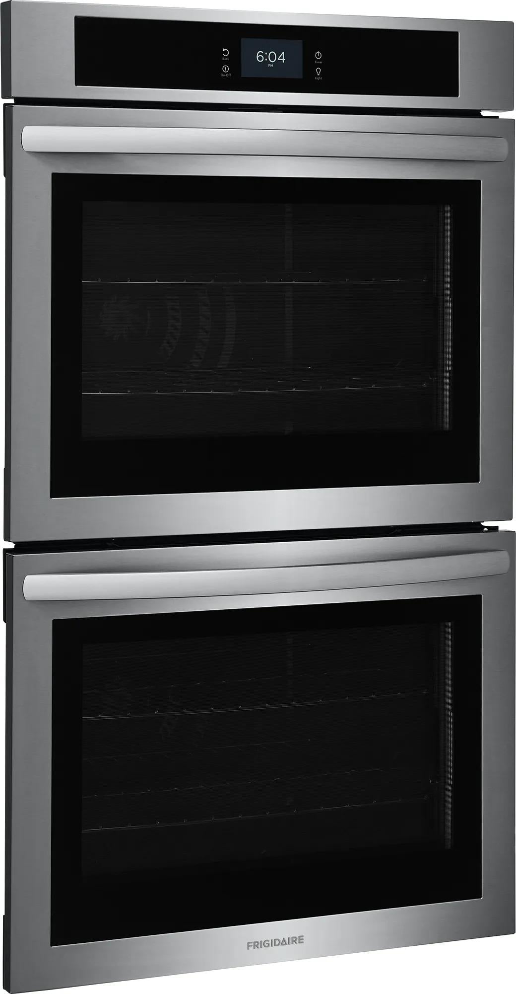 Stainless steel double wall oven with digital touchscreen controls and fan convection, part of kitchen appliances collection