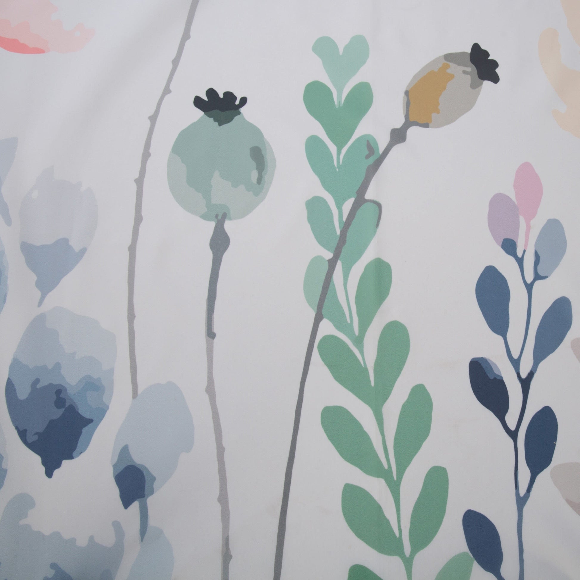 Close-up of soft floral pattern with green leaves and pastel seed pods on fabric shower curtain panel