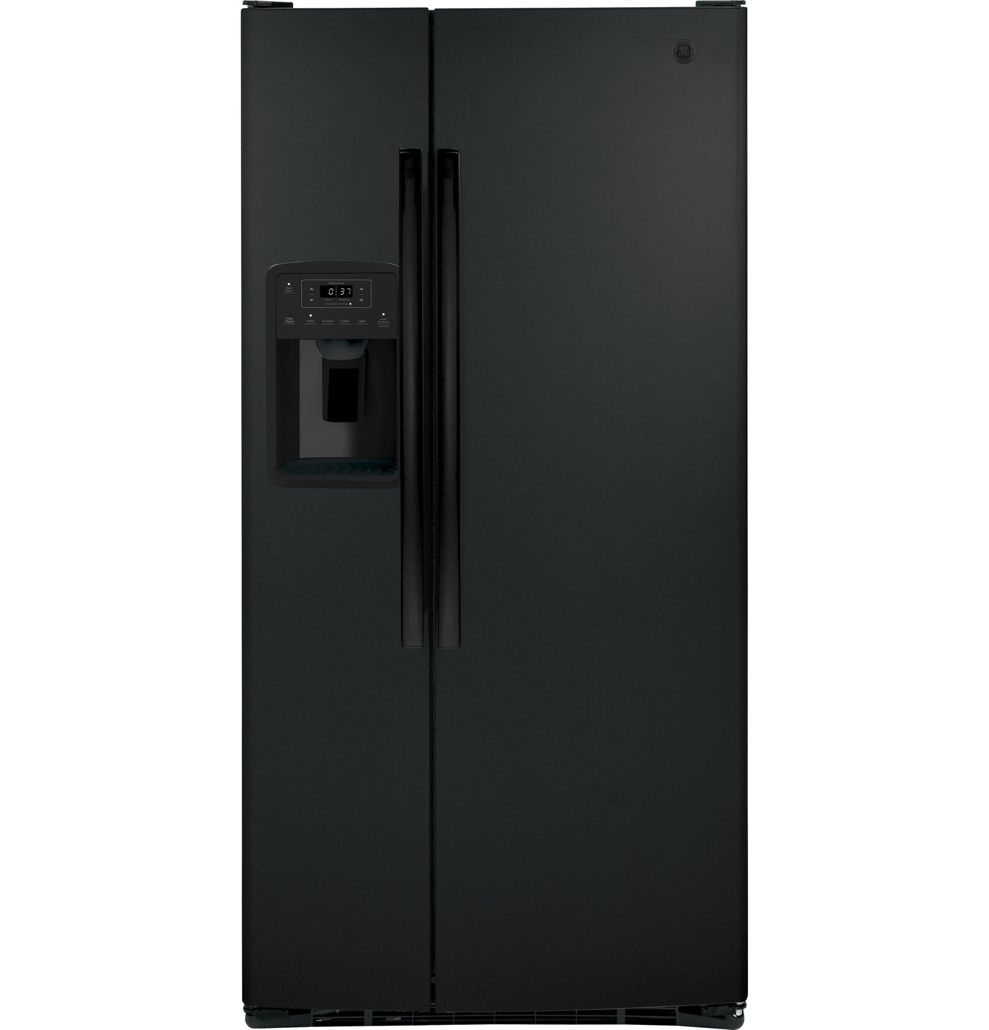 Black side-by-side refrigerator with water dispenser and electronic control panel for kitchen appliances collection