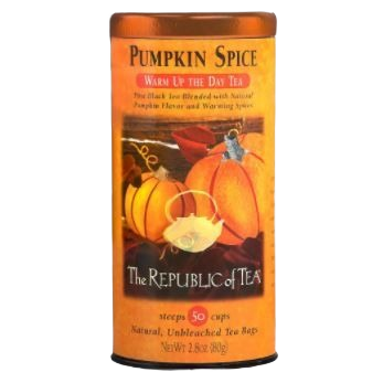 Tall orange tin container of pumpkin spice black tea with autumn-themed label and 50 natural tea bags inside