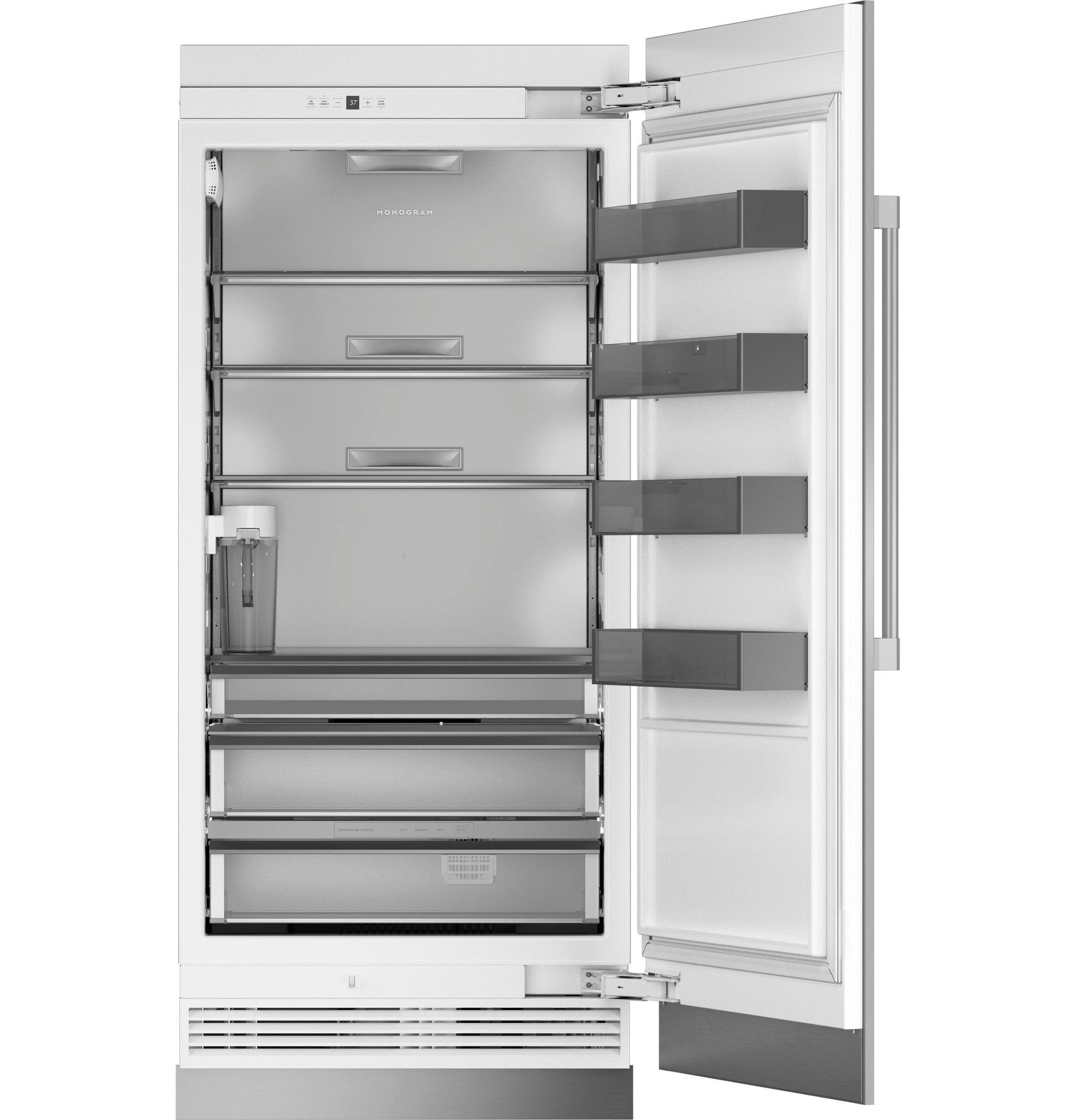 Panel-ready integrated column refrigerator with multiple adjustable shelves and clear door bins in kitchen appliances collection