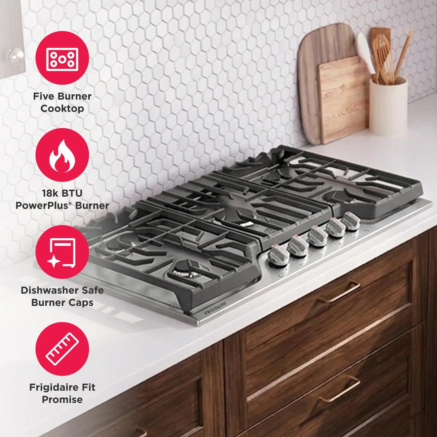 Five-burner gas cooktop with 18k BTU burner, dishwasher-safe caps, and Frigidaire Fit Promise in modern kitchen setting