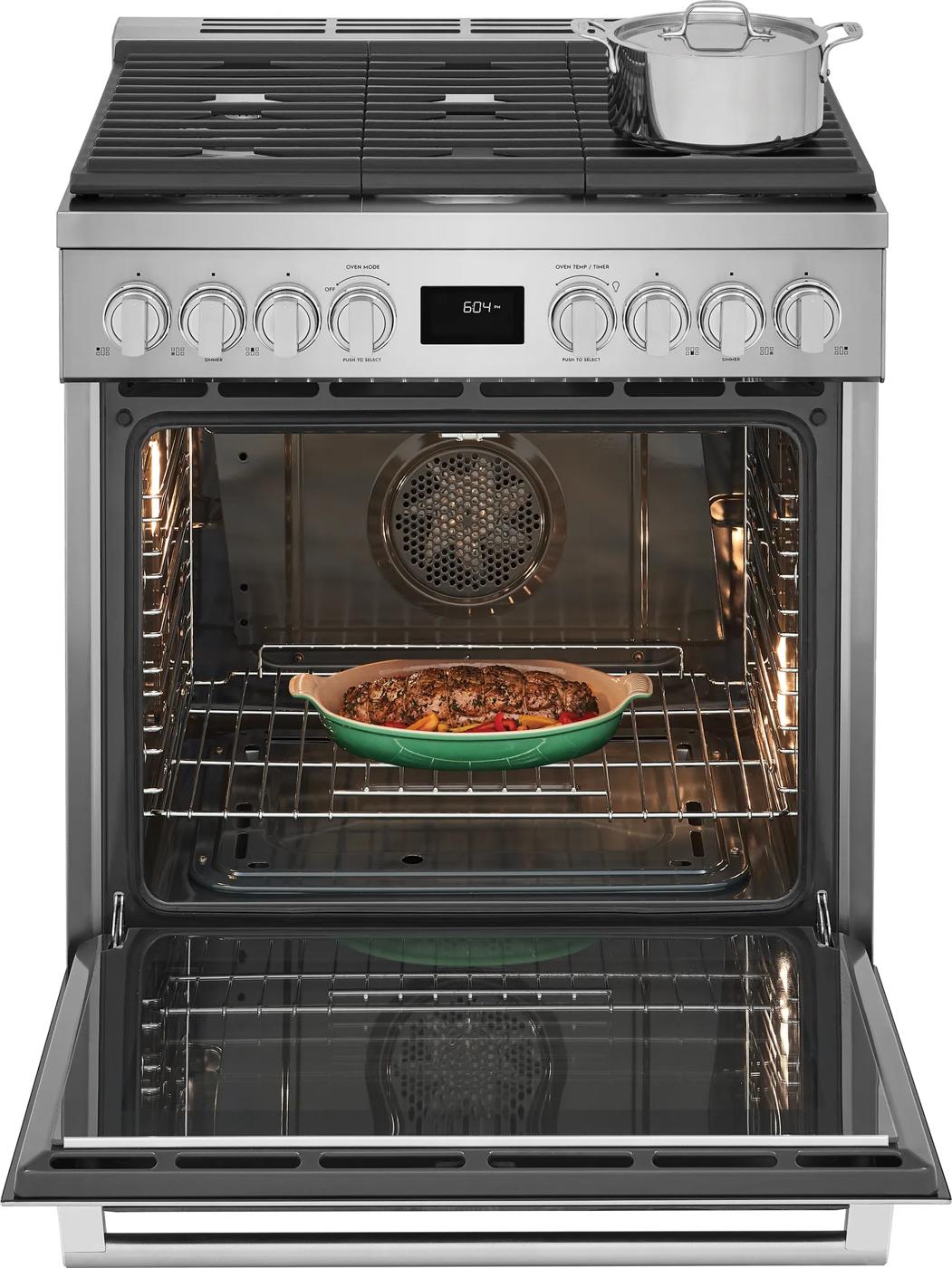 Freestanding gas range with front controls, true convection oven, and pot on the cooktop from Gas Ranges collection