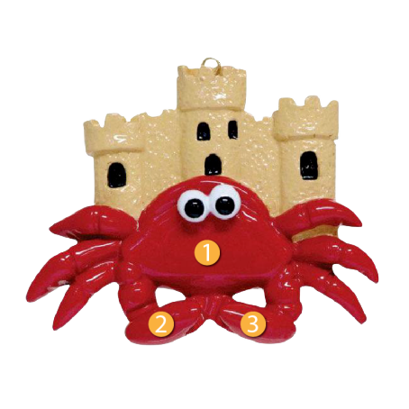 Red crab ornament with playful eyes in front of beige castle for Christmas Ornaments & Tree Decorations under $50 collection