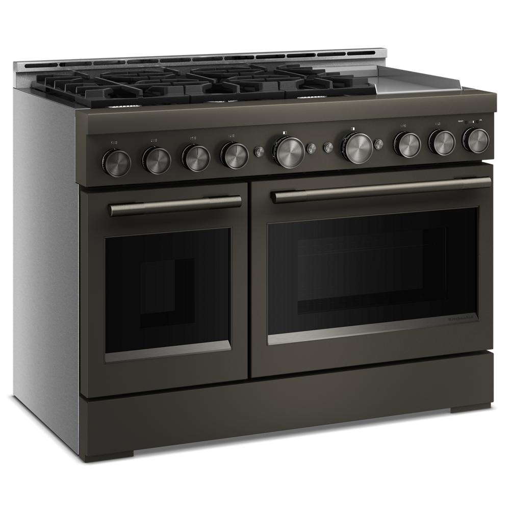 Commercial-style 48-inch gas range with six burners, chrome electric griddle, and dual ovens in dark stainless steel finish
