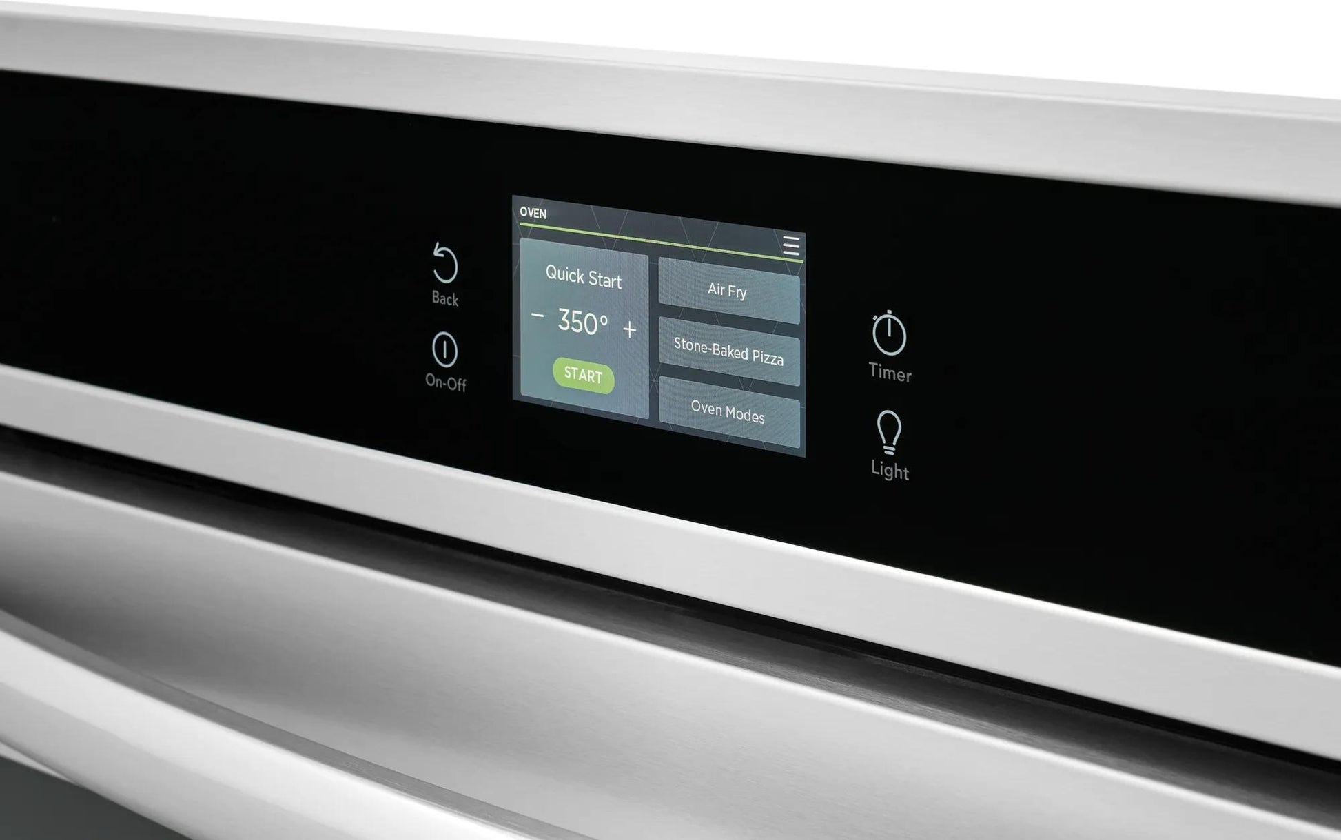 Touchscreen control panel with temperature and cooking mode options on stainless steel wall oven from Kitchen & Kitchenware