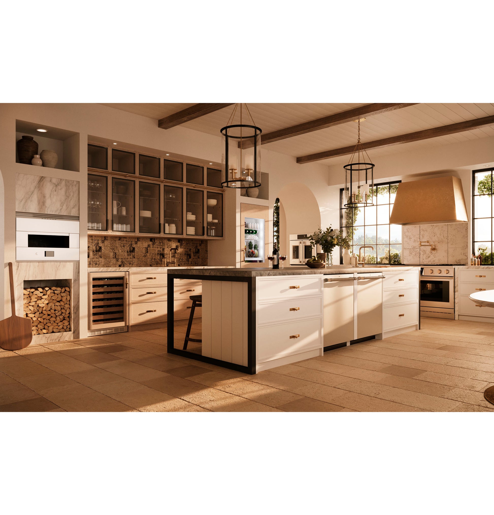 Bright spacious kitchen featuring a stainless steel hearth oven with wood storage in modern cabinetry and open shelves