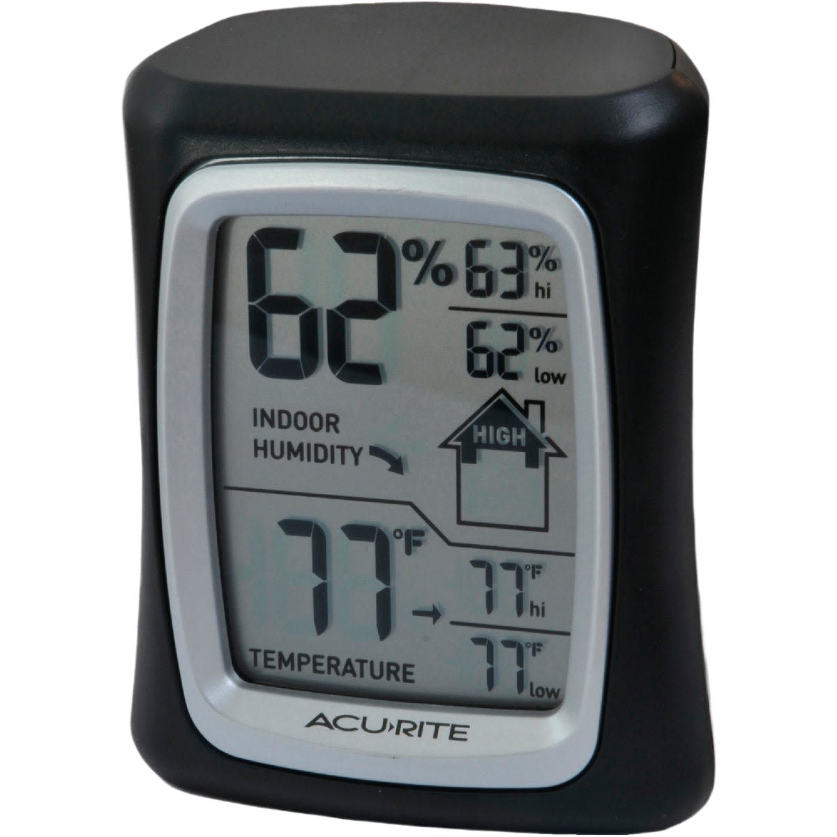 Black digital indoor hygrometer and thermometer displaying humidity and temperature readings for home use