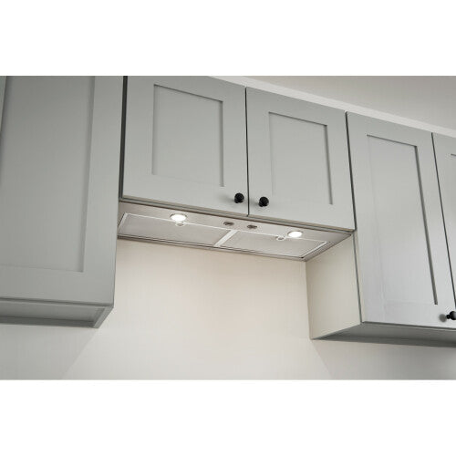 Built-in stainless steel power pack insert installed under gray kitchen cabinetry with integrated lighting on sides