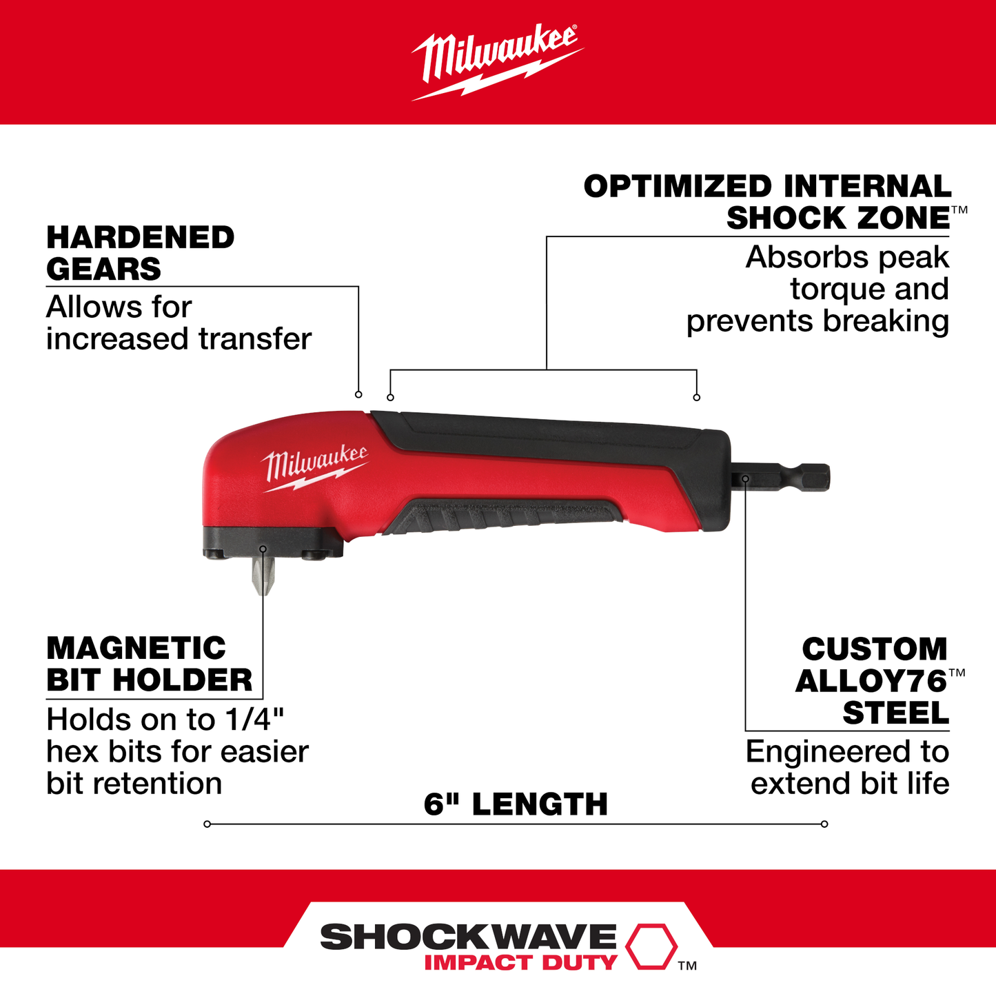 Red and black Milwaukee right angle adapter with shock-absorbing tech and custom steel for durable tool accessories under $50