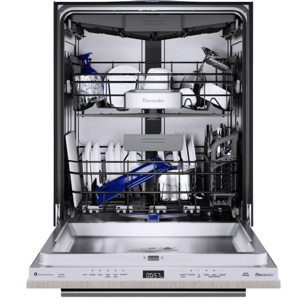 Open stainless steel dishwasher with loaded white dishes and glassware from Thermador kitchen appliance collection