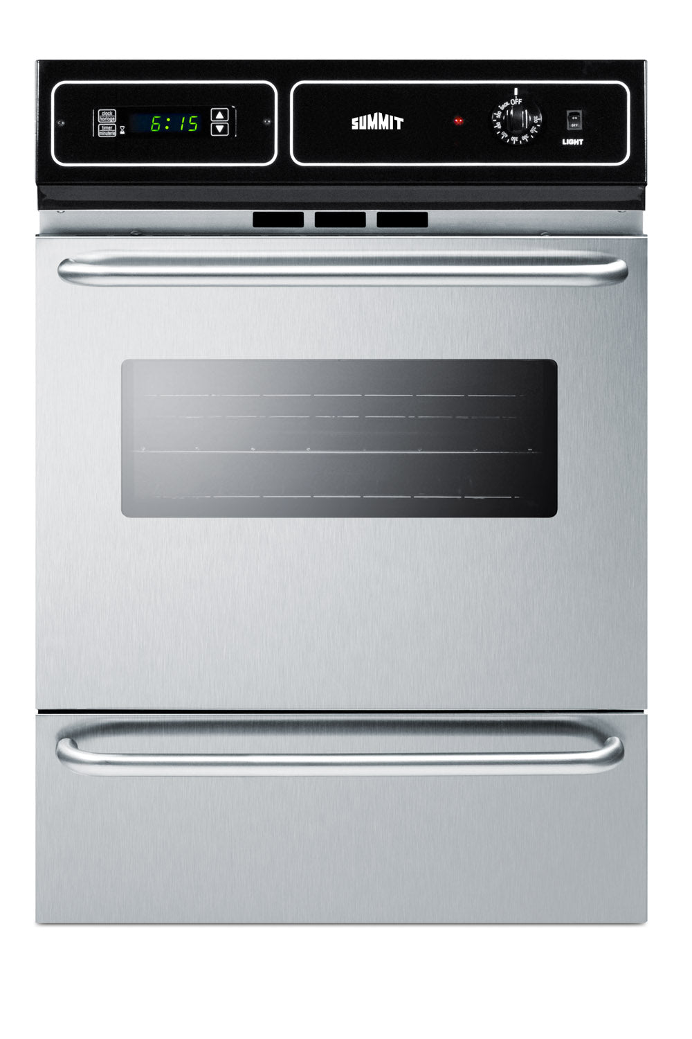 Brushed stainless steel gas wall oven with digital clock, temperature dial, and large window in kitchen appliance collections