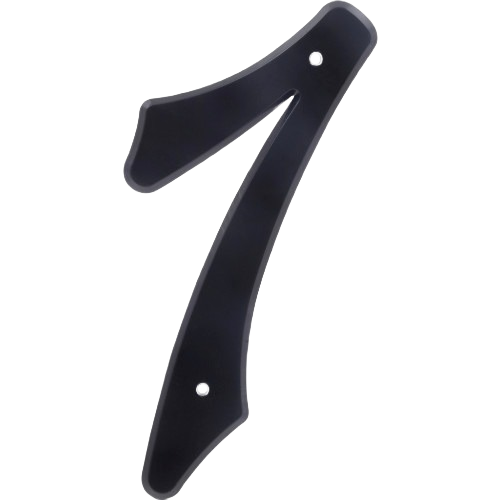 Black plastic house number 7 with pre-drilled holes for nail-on installation in home improvement projects