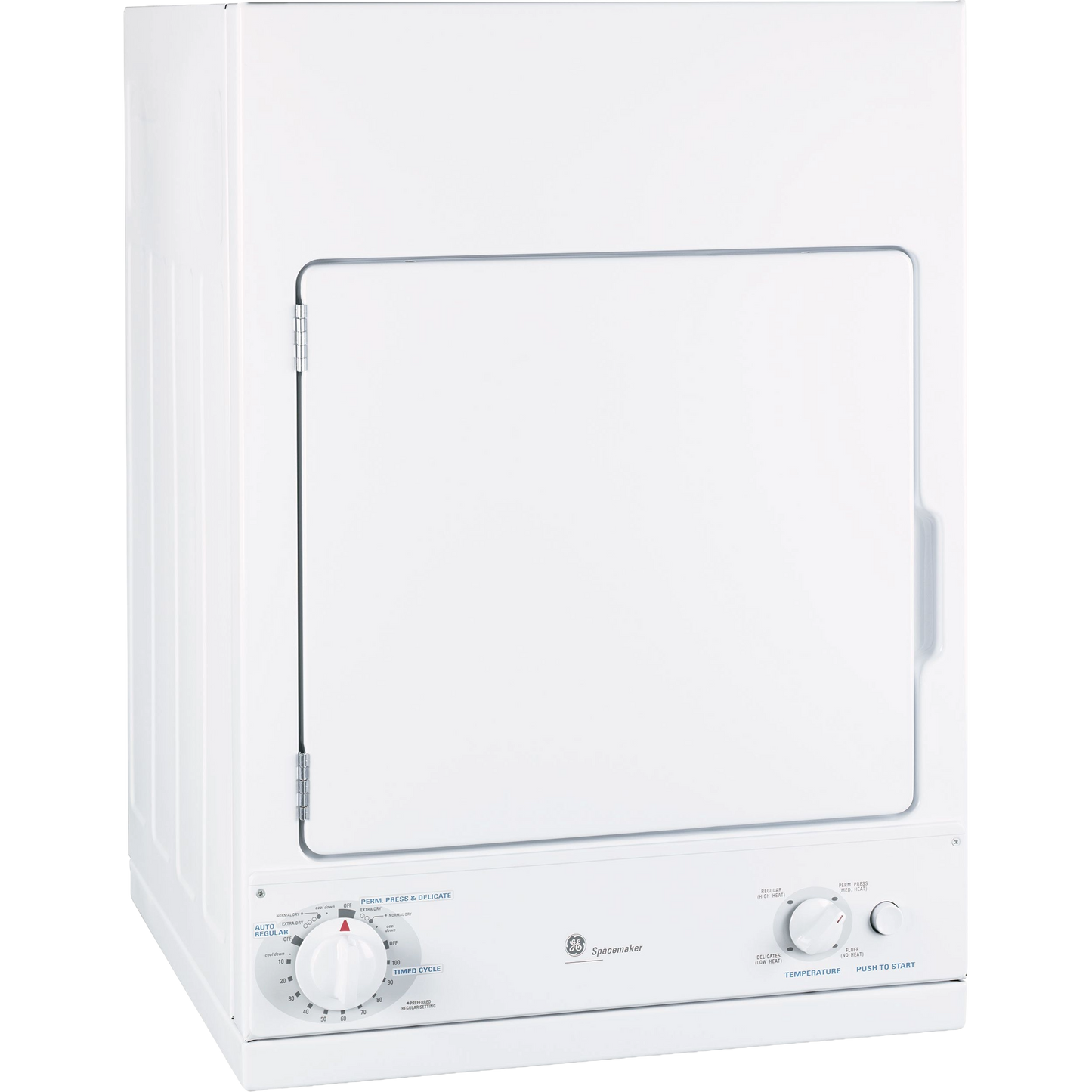 Compact white stationary electric dryer with control knobs for temperature and cycle settings in home appliance collection.