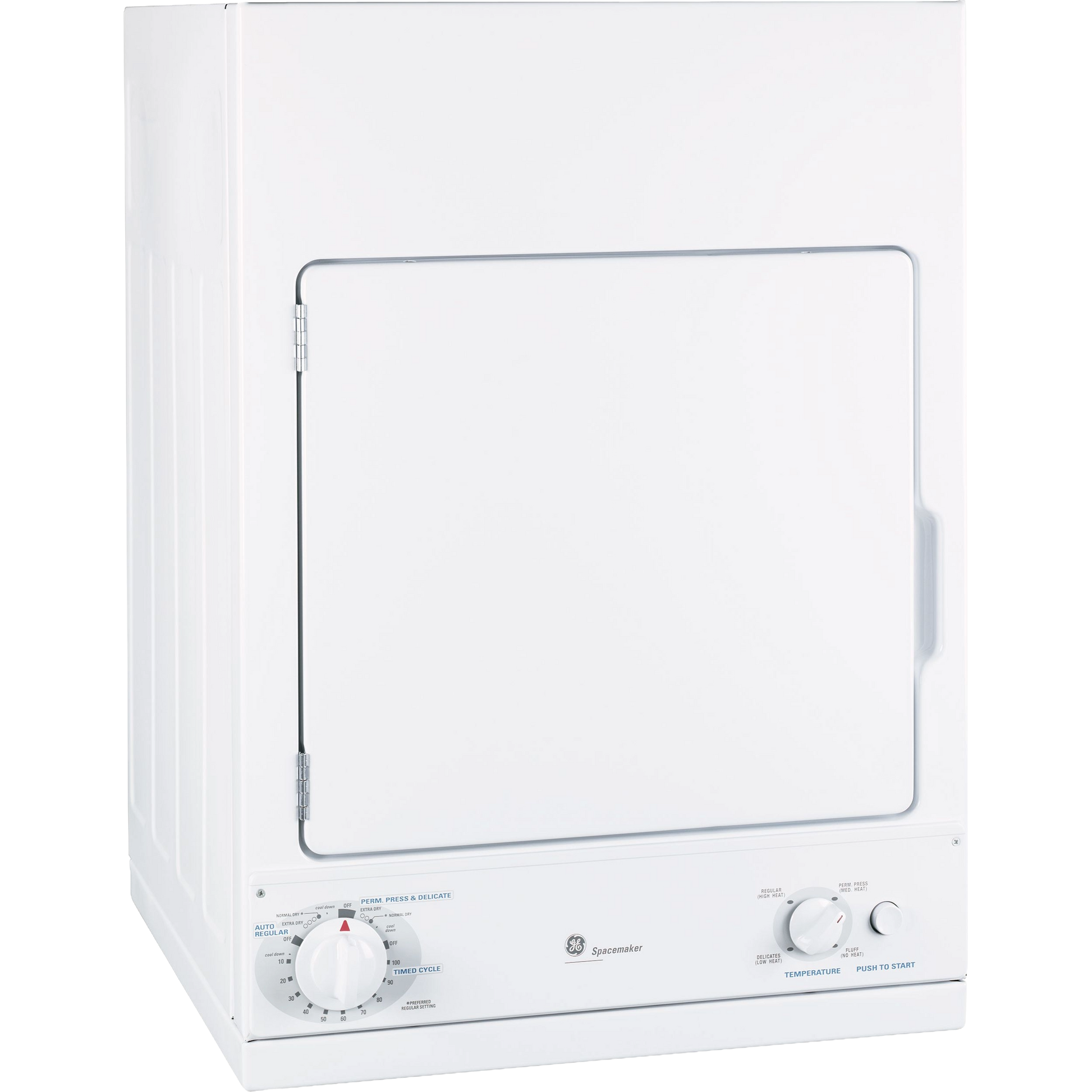 Compact white stationary electric dryer with control knobs for temperature and cycle settings in home appliance collection.