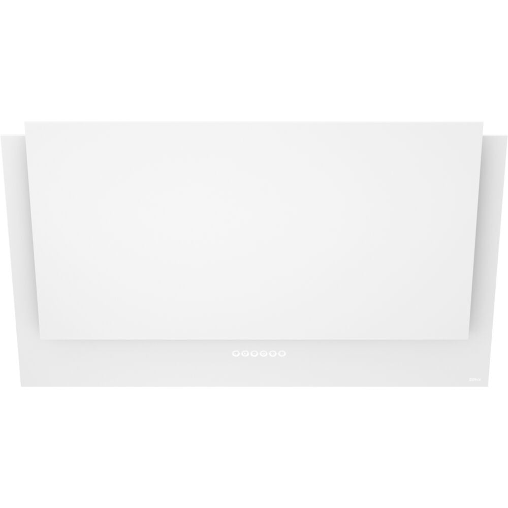 White angled wall mount range hood with capacitive touch controls and minimalist design for kitchen appliances and home improvement