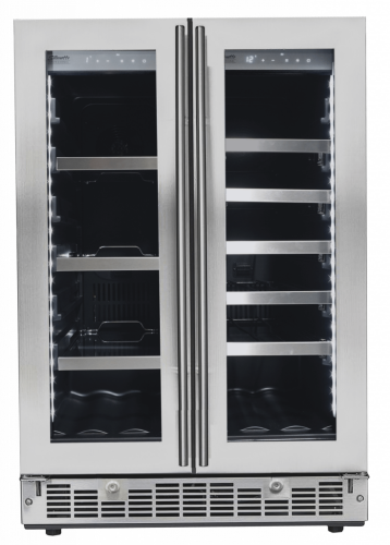 Stainless steel 24-inch French door beverage center with glass doors and adjustable shelving in Appliances collection