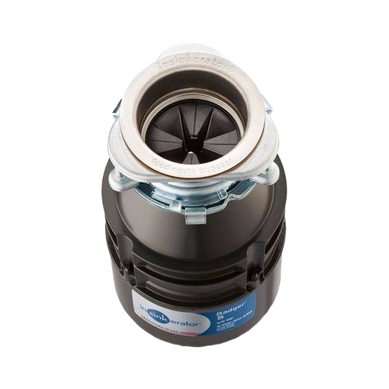 Compact black and silver garbage disposal featuring 1/2 horsepower motor for plumbing and home improvement appliances