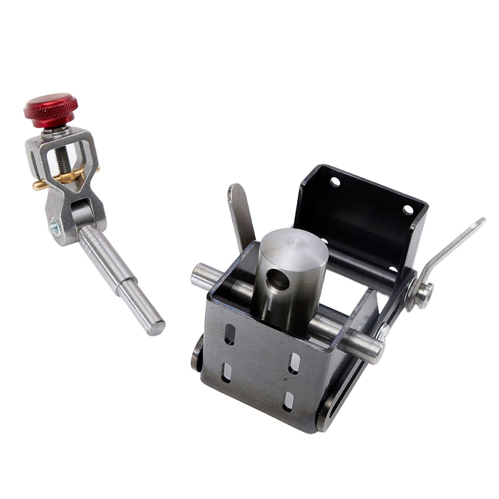 Metal sharpening system components including adjustable arm with red knob and black mounting bracket for tools tasks