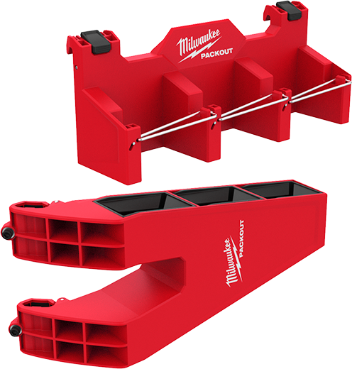 Red Milwaukee PACKOUT™ long tool holder attachment with compartments and secure clips for workshop and jobsite organization